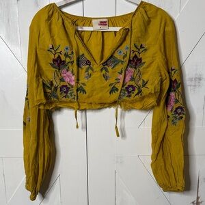 Anthropologie Embroidered Cropped Peasant Top — Mustard